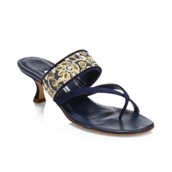 Manolo Blahnik Shoes - NWOT Manolo Blahnik Navy Blue BROCADE Sandals 40